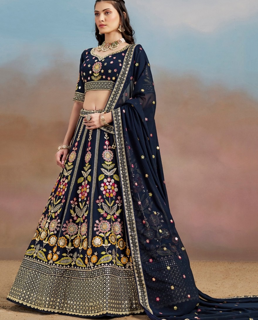 6008-BLUE - Stunning blue Thread Work Georgette Engagement Wear Lehenga With Blouse